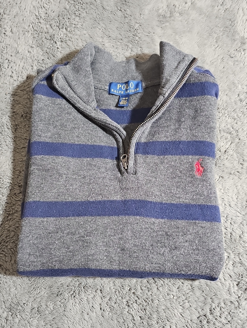Polo by Ralph Lauren Kids Blue and Gray Striped Quarter Zip Sweater Boys Size L